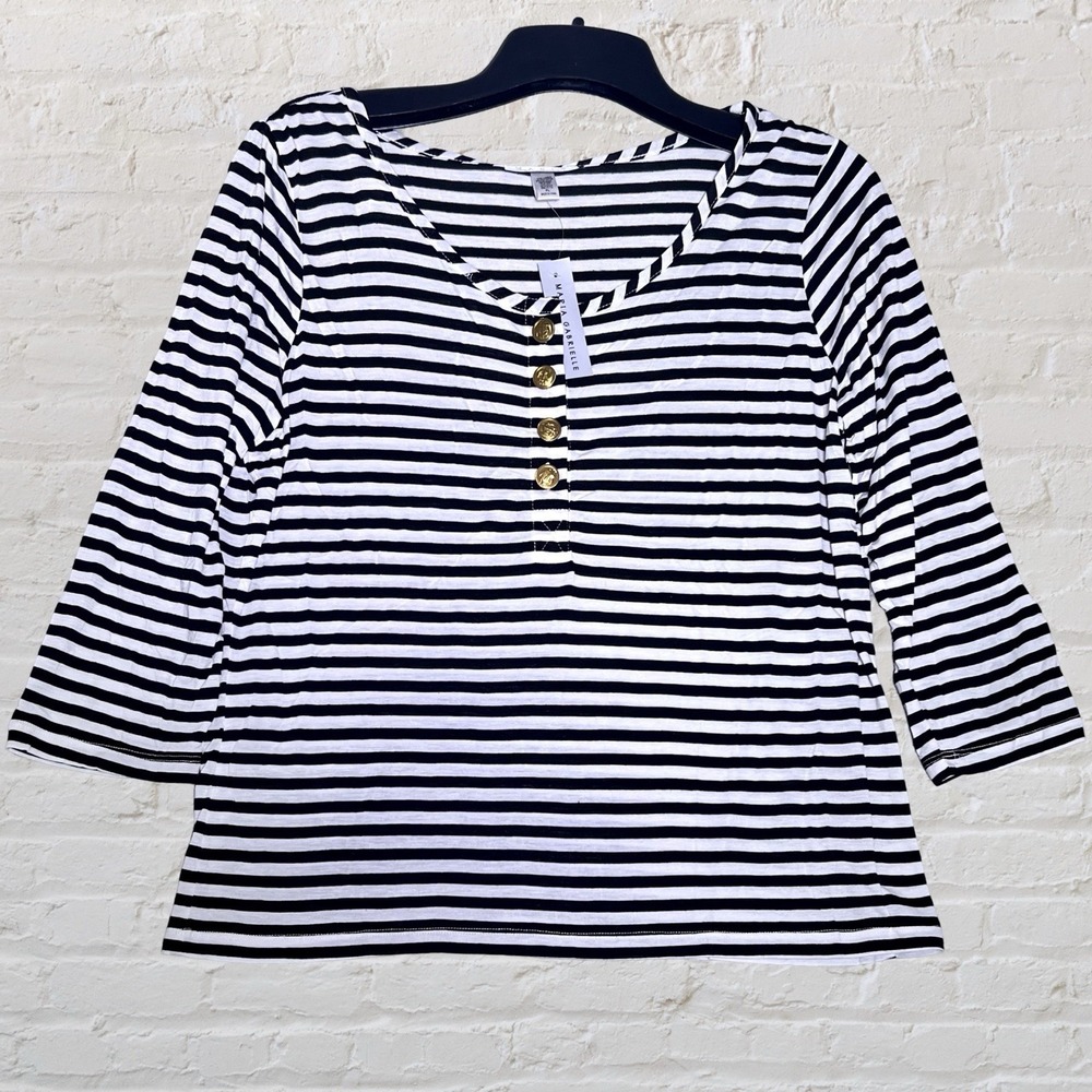 Maria Gabrielle Linen‎ Blend Striped Top Petite L 3/4 Sleeves Nautical Boat NWT